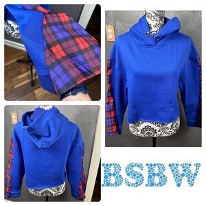 LF BSBW blue plaid bell sleeve hoodie cropped